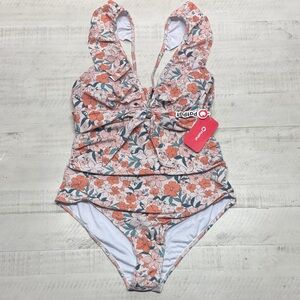 PatPat swimsuit tiered ruffle design and a pink-and-orange floral print.